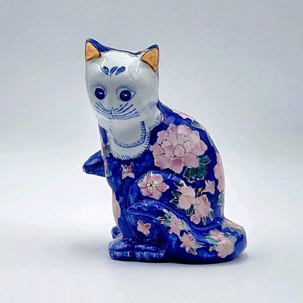 Vintage Chinese Porcelain Cat Figurine Hand Painted Floral Gilt Chinoiserie 8"